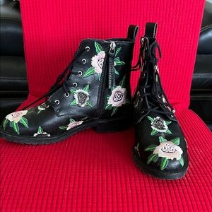 Rebecca Minkoff Leather Black and Green Combat Boots with Floral Design